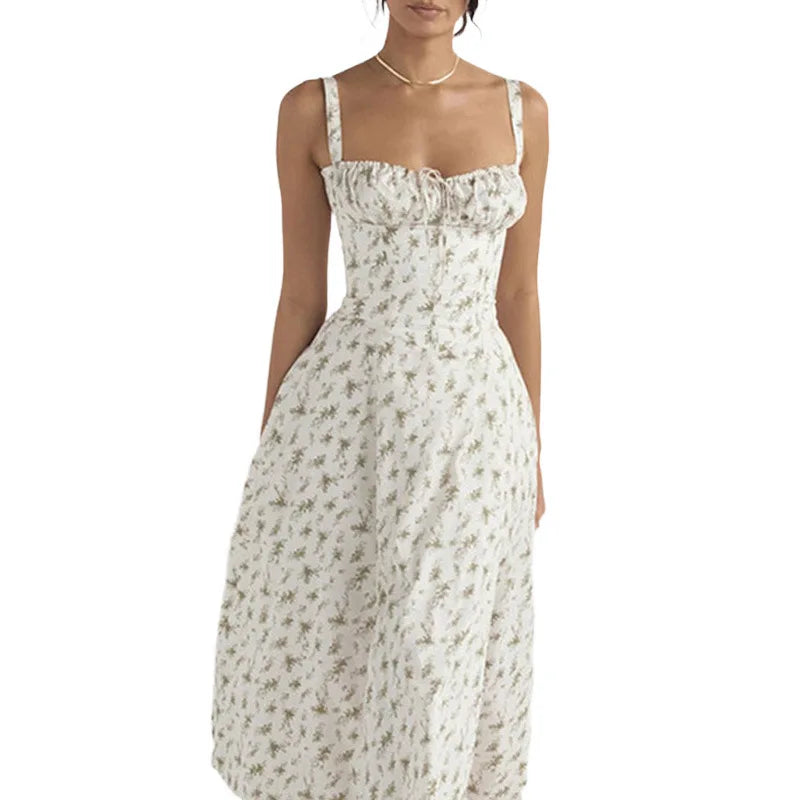 Women Summer Dress 2024 Fashion Floral Print Halter Sling V Neck Bra Sleeveless Gentle Woman mid-calf Dresses Vestidos GHH24128