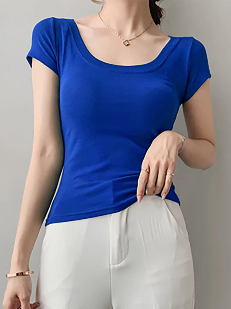 AOSSVIAO 100% Cotton T Shirt Women Summer New Slim Solid Basic Tees 16 Color Casual Tshirt Korean O Neck Khaki Tops