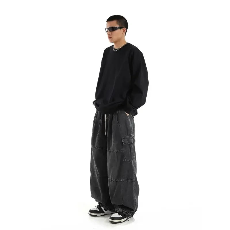 Y2k Black Baggy Cargo Jeans Trousers Men Streetwear Casual Hippie Jogging Wide Leg Oversize Long Male Denim Pants