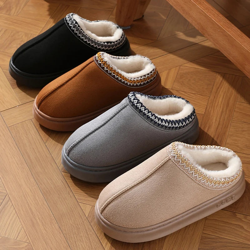 Comfort Thick Bottom Cotton Slippers Women 2025 Winter Warm Thick Plush Non Slip Furry Clogs Shoes Embroidery Suede Snow Boots