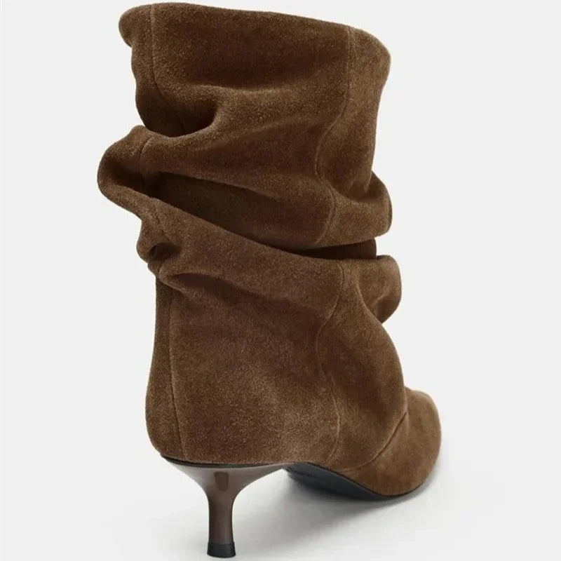 Aneikeh Winter Wrinkle Pointed Toe Ankle Boots Women Pleated Short Boots Female Retro Elegant Designer Femmes Botas De Mujer
