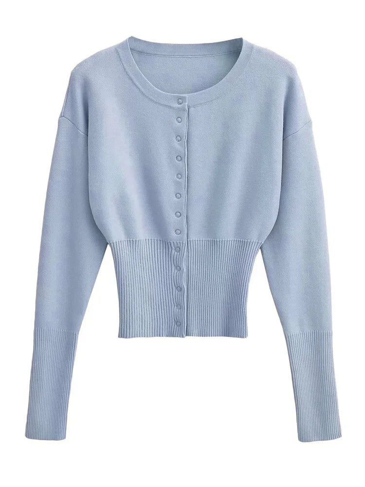 Women's Knitted Fitted Cardigan Elegant Long Sleeve Tops Sweater Knitwears Top Female Clothing 2025 Fall Black Brown White Blue