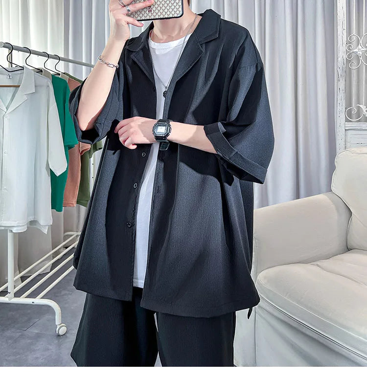 Korean Style Men's Set Shirt+Shorts Solid Short Sleeve Top Matching Bottoms Summer Fashion Oversized Clothing Men