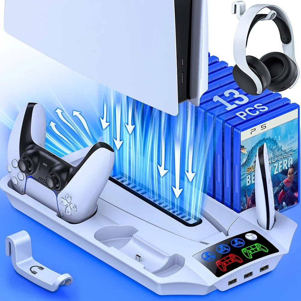 3 Mode Led Cooling Fan for PS5 Vertical Stand 2 Controller Charging Dock for Sony Playstation 5 Disc/Digital with 13 Game Slot