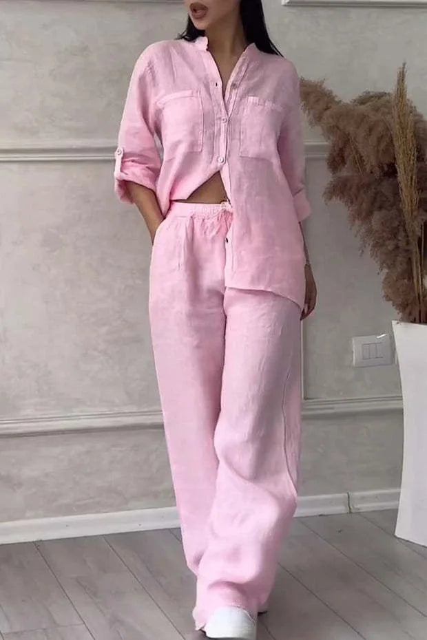 Spring Autumn Cotton Linen Long Sleeved shirt + Long Pants Two-piece Set Women Casual V-neck Shirt Drawstring Wide leg Pant Suit