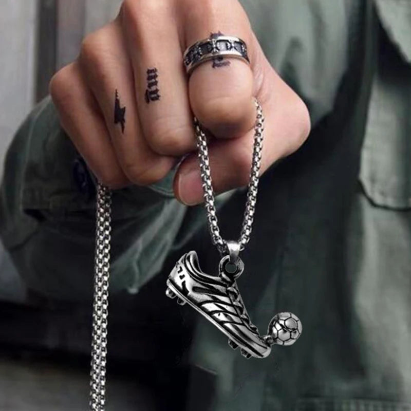 Football Shoe Pendant Necklace Male Vintage Silver Color Hip Hop Punk Sports Style Stainless Steel Chain Fashion Man Jewelry