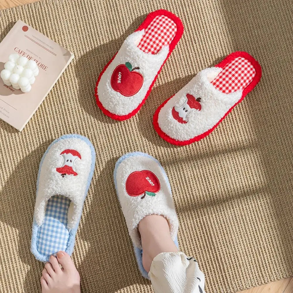 Fashion Grid Stripe Cute Plush Slippers Non-Slip Thick Sole Winter Slides Women Silent Casual Home Wear Shoes Women