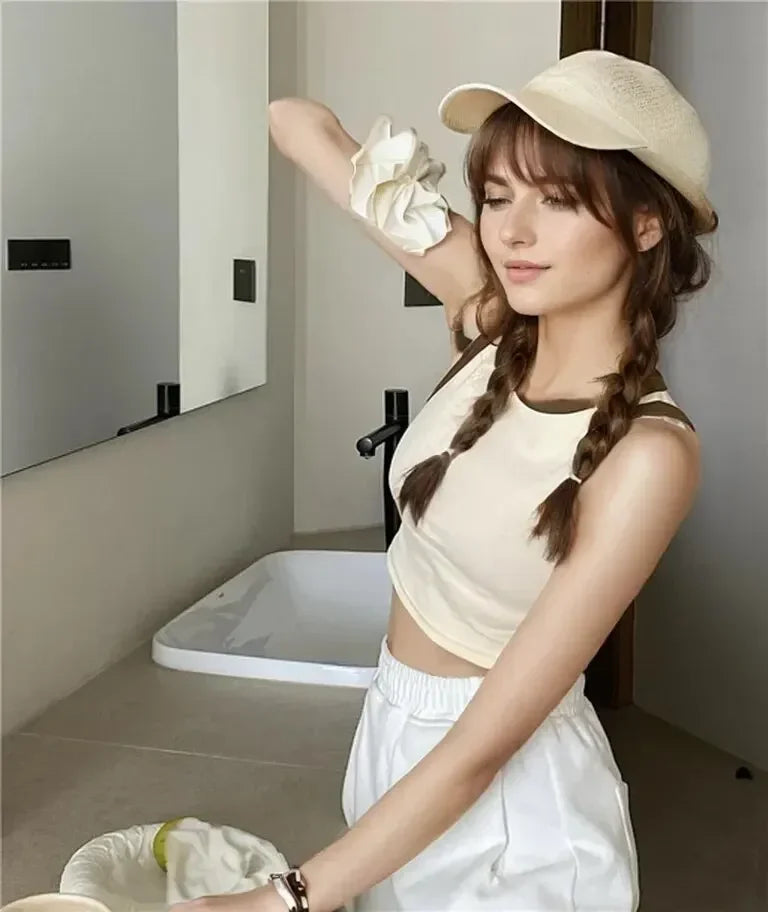 Spring Summer Color Block Sleeveless Vest Outerwear Pure Color Strap Innerwear Sports Top Base Shirt Beautiful Wrap Chest Women