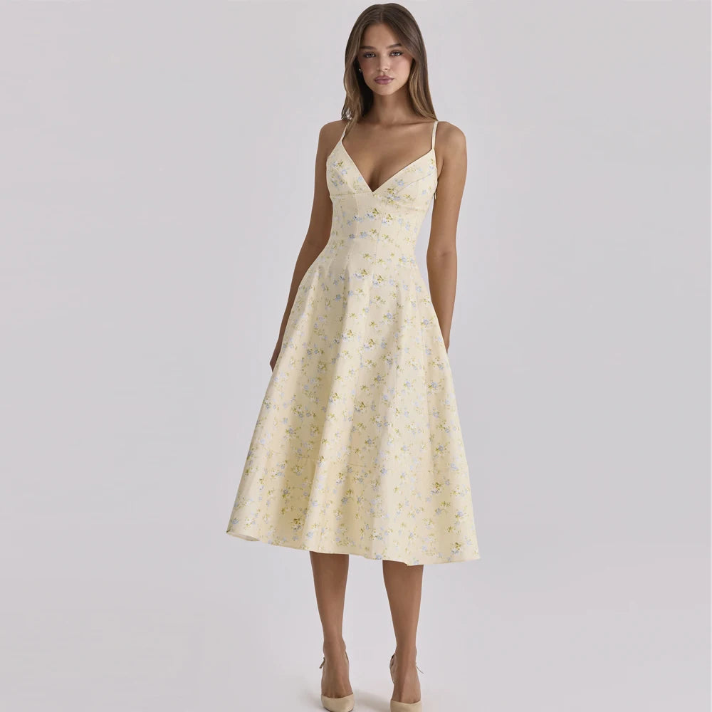 Oligai Summer Lace-up Midi Floral Print Dress Spaghetti Strap A-line Dress Sexy V-neck Casual Party Dress for Women