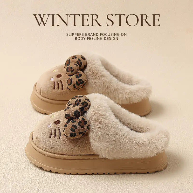 Cartoon Sanrio Hello Kitty Thick Sole Plush Cotton Slippers Anime Women's Winter Warm New Anti-Slip Wear-Resistant Home Shoes
