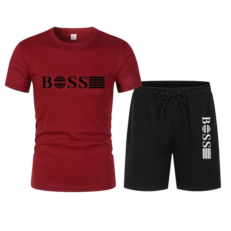 Spring and Summer New Two-piece Men's Running T-shirt and Short Casual Elastic Round Neck Sports Suit Comfortable Quick Drying