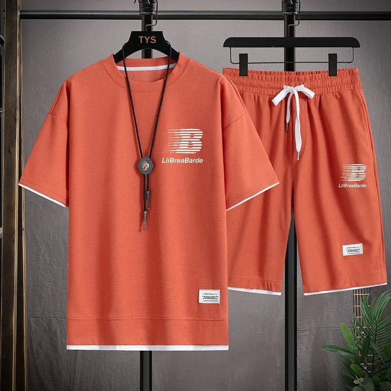 2026 Men's Sports Fashion Casual T-shirt and Shorts Set, the Latest Summer Waffle Set Featuring Simplicity and Comfort