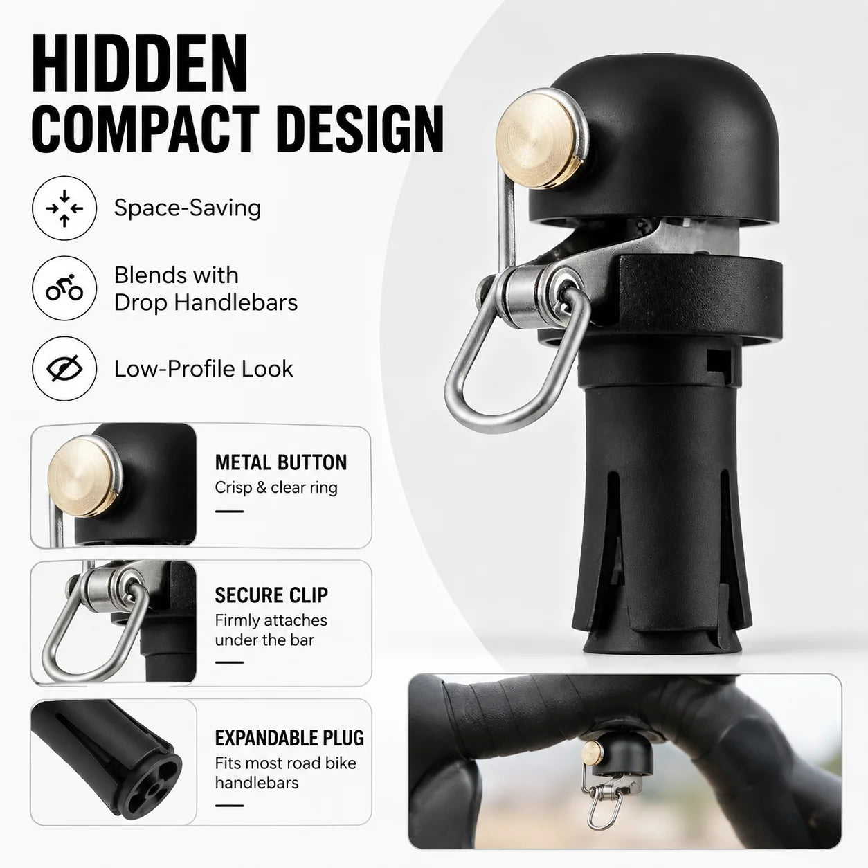 Hidden Road Bike Bell, 80dB Light-Touch Bell for Drop Handlebars, Compact Copper Alloy & Stainless Steel, Easy Install, Black