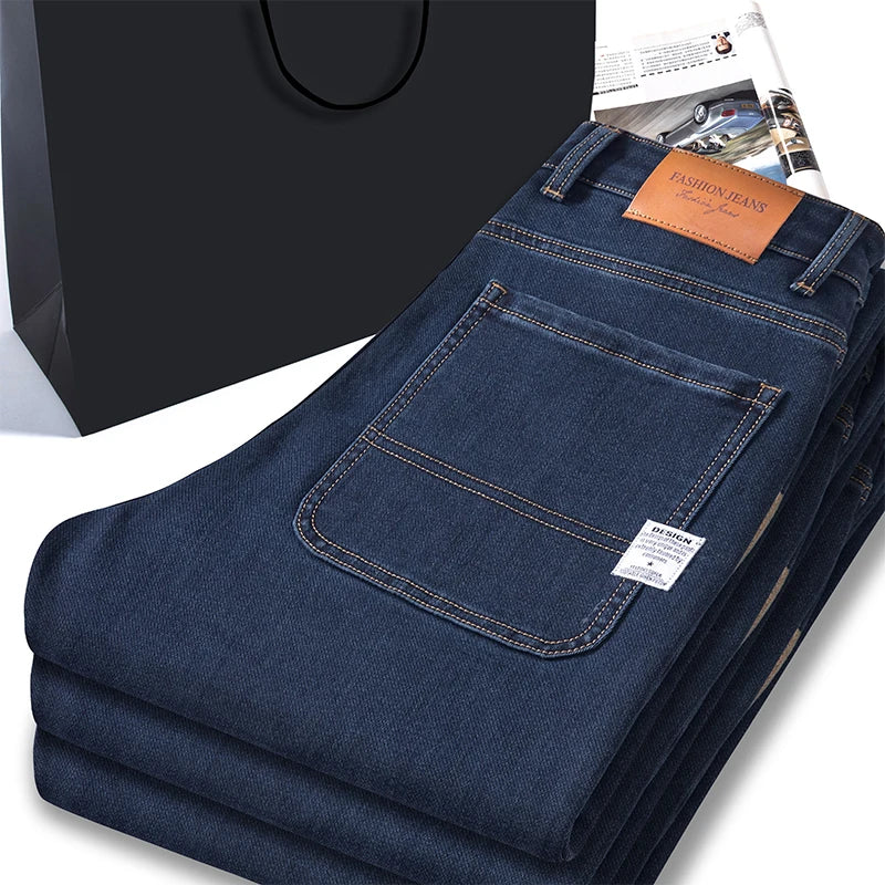 Autumn Winter  Brand New High Waist Jeans Classic Business Casual Office Men's Fashion Stretch Slim Denim Jeans Navy Blue