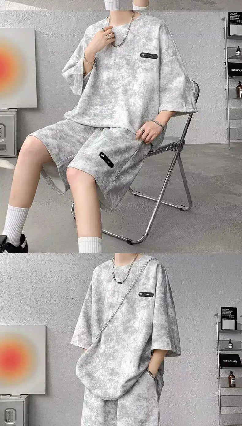 Asian Size M-8XlTie Dye Ice Silk Two-piece Set Men Polyester Short Sleeve Shorts Suit Slim Fit High Quality Basic Outfits Summe