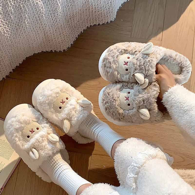 Home Fuzzy Slipper Women Sheep Fluffy Winter Warm Fur Plush Indoor Lazy Female Thermal Furry House Shoe Flat Flip Flop Ladies