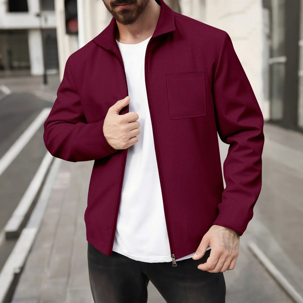 2026 Spring Autumn Men's Waffle Knitted Pocket Lapel Slim Fit Cardigan Jacket Youth Casual Streetwear Lightweight Outerwear