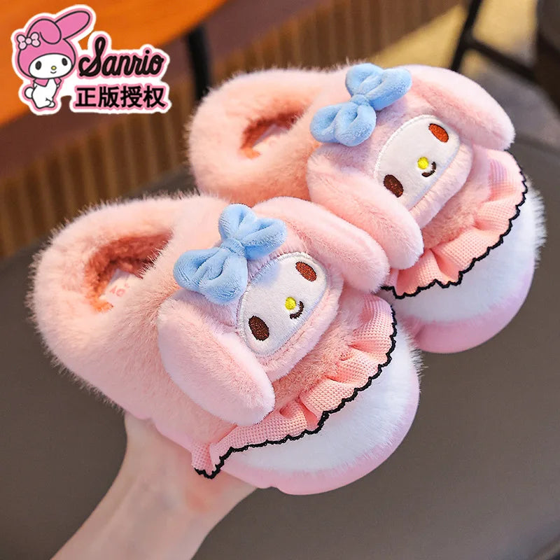 Sanrio Kawaii Girls Plush Slippers Cute Kuromi Hello Kitty My Melody Cartoon Student Winter Home Indoor Anti-Slip Warm Shoes