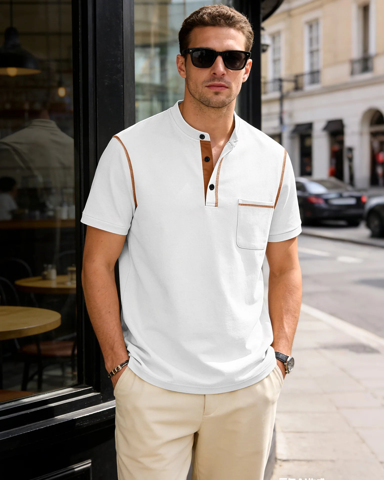 Summer men's fashionable Henry collar half-button short-sleeved moisture-wicking breathable casual American stretch T-shirt top