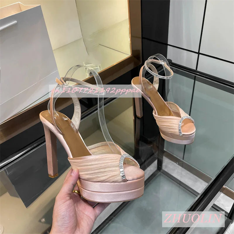 Women'S Satin Rhinestone Double-Layer Platform Shoes Open Toe Chunky Heel Buckle Strap High Heels Elegant Luxury Wedding Shoes