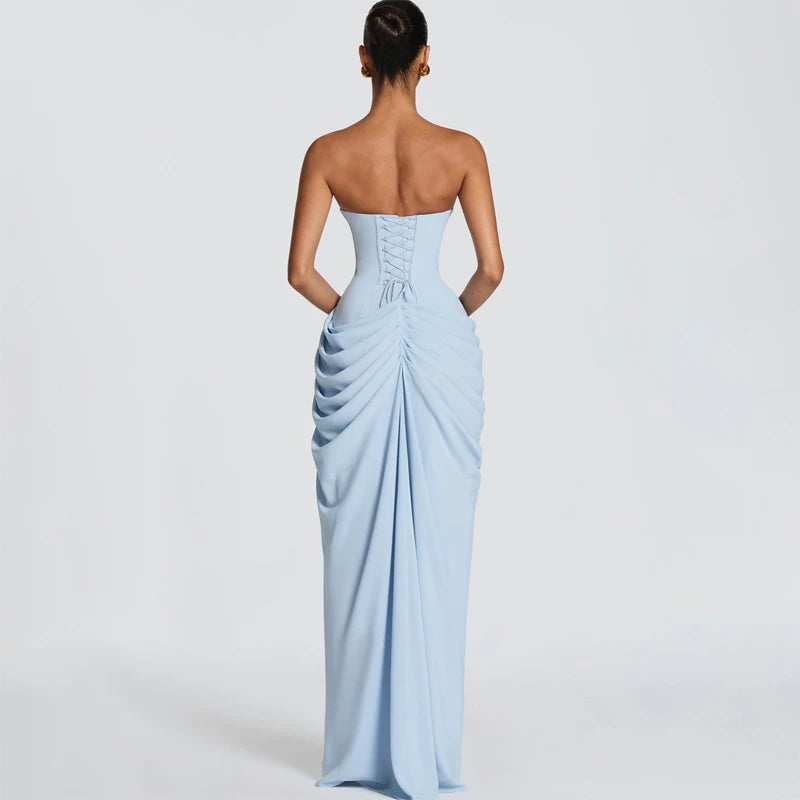 Women Sexy Solid Pleated Strapless Dress Lady Chic Off-shoulder Backless High Waist Split Dresses 2026 Summer Evening Party Gown