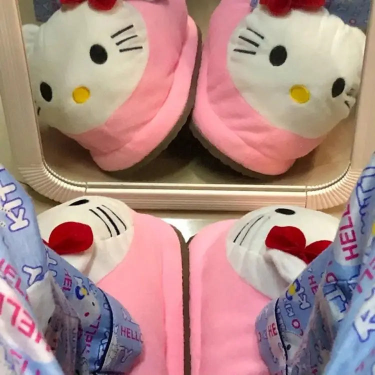 Y2K Hello Kitty Women Plush Cotton Shoes Big Head Slippers Sanrio Kawaii Anime Flat Shoes Winter Warm Thickened Cute Student