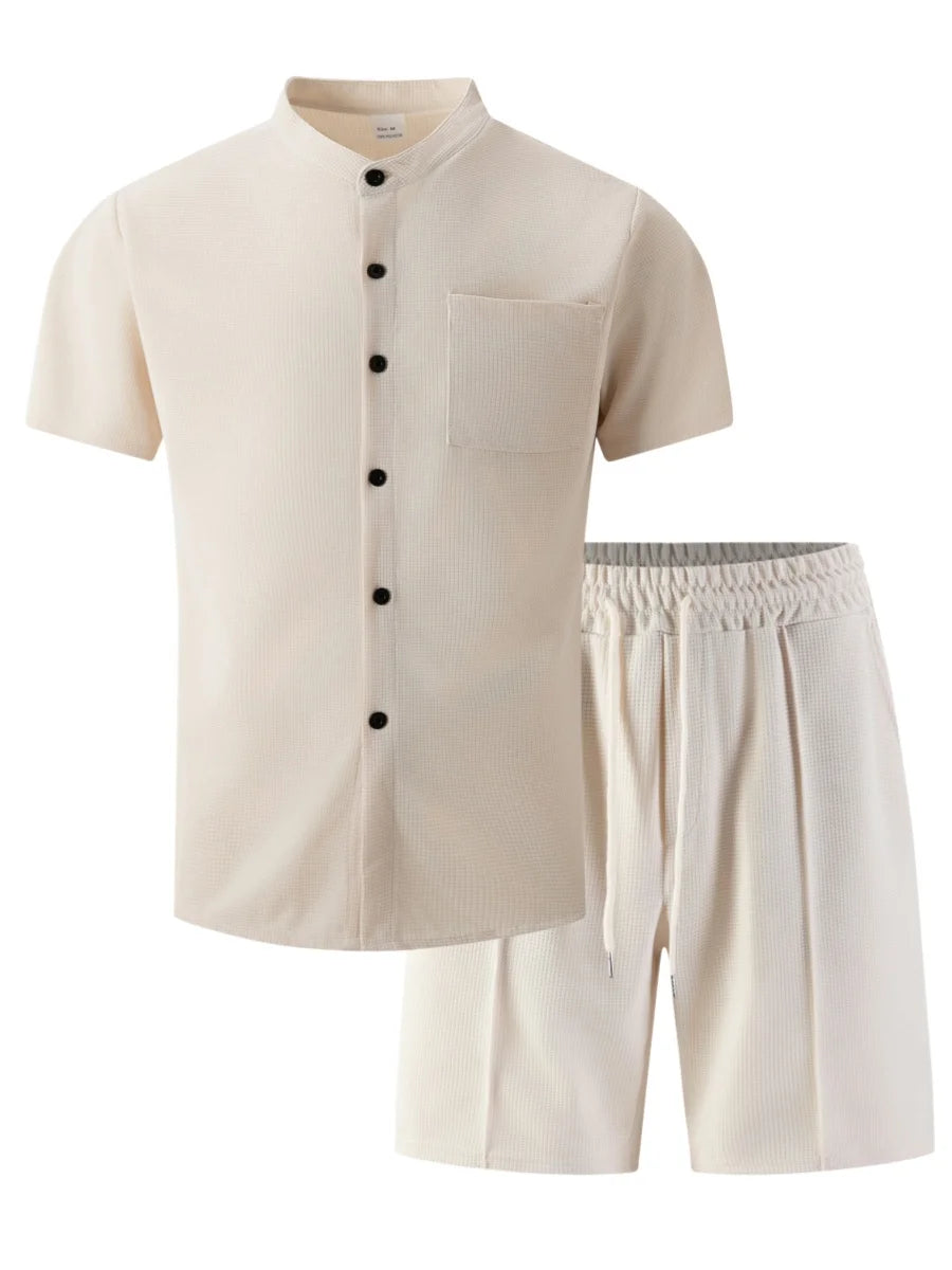 Men's 2 Piece Outfit, Stand Collar Short Sleeve Shirt with Chest Pocket and Drawstring Shorts, Casual Co Ord Set