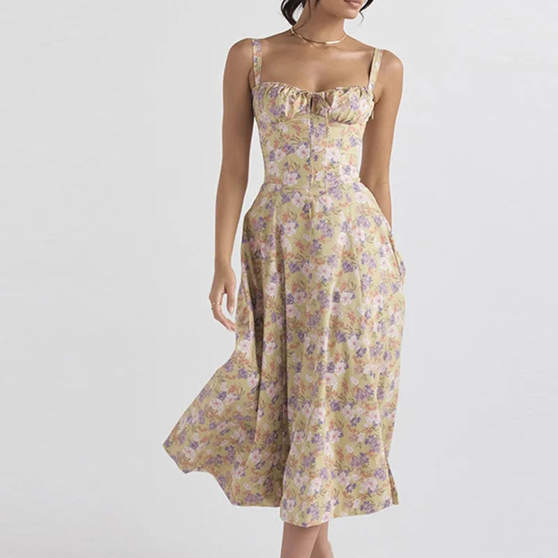 Women Summer Dress 2024 Fashion Floral Print Halter Sling V Neck Bra Sleeveless Gentle Woman mid-calf Dresses Vestidos GHH24128