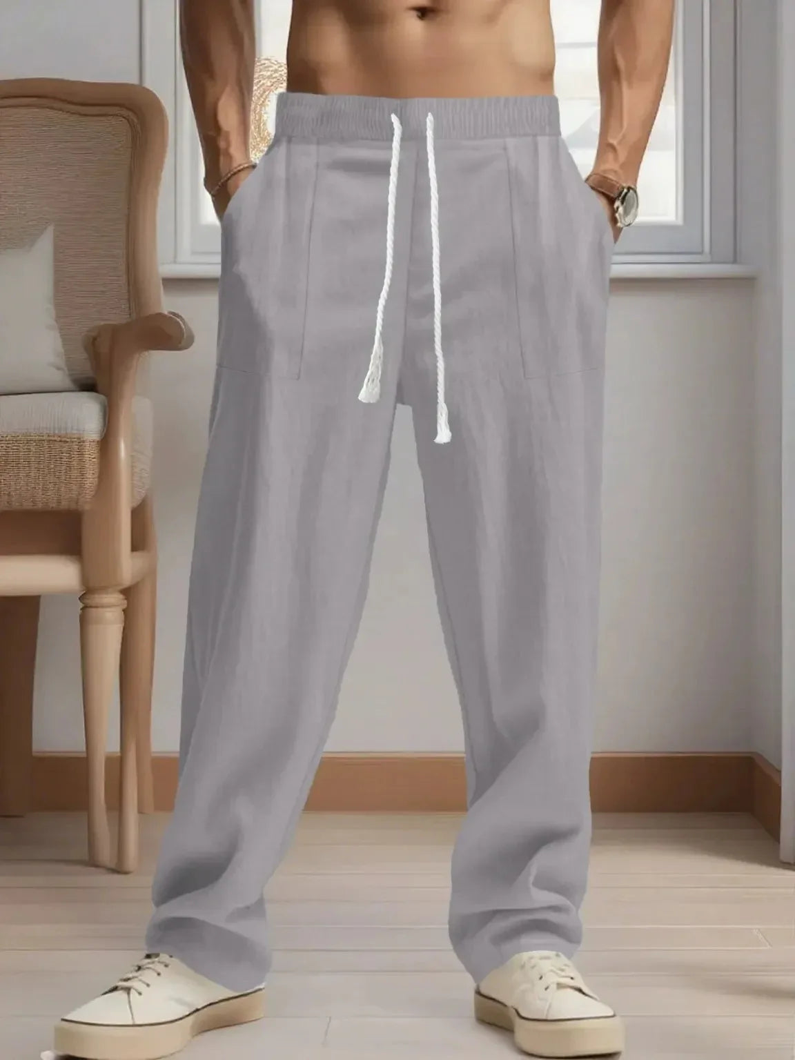 Men's Cotton-Linen Casual Breathable Pants Loose Straight Cut Streetwear Sporty Long Trousers Comfortable Fashion