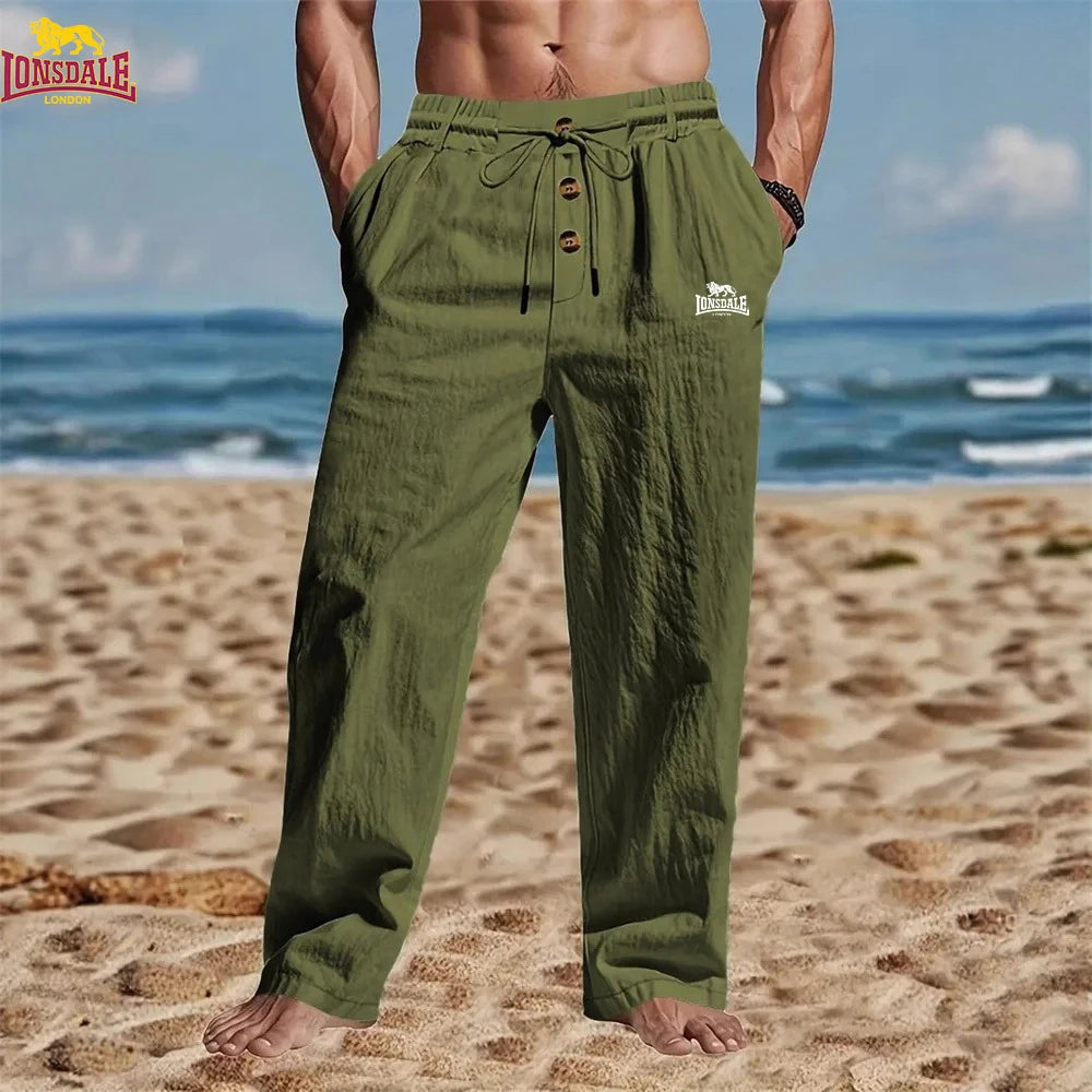LONSDALE's new men's casual breathable cotton and linen pants, trendy street sport pants, loose straight beach and outdoor pants