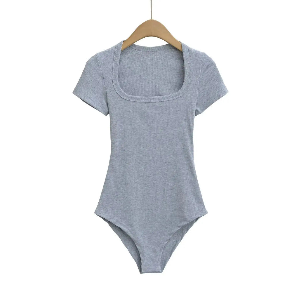 Women Short Sleeve Square Collar Bodysuits Summer Rib Knitted Elastic Slim Top Jumpsuits Solid Color