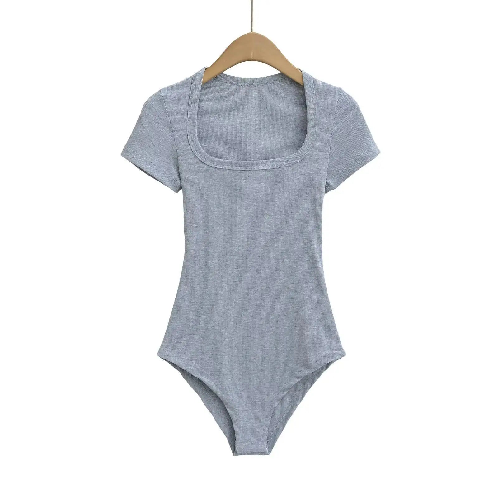 Women Short Sleeve Square Collar Bodysuits Summer Rib Knitted Elastic Slim Top Jumpsuits Solid Color