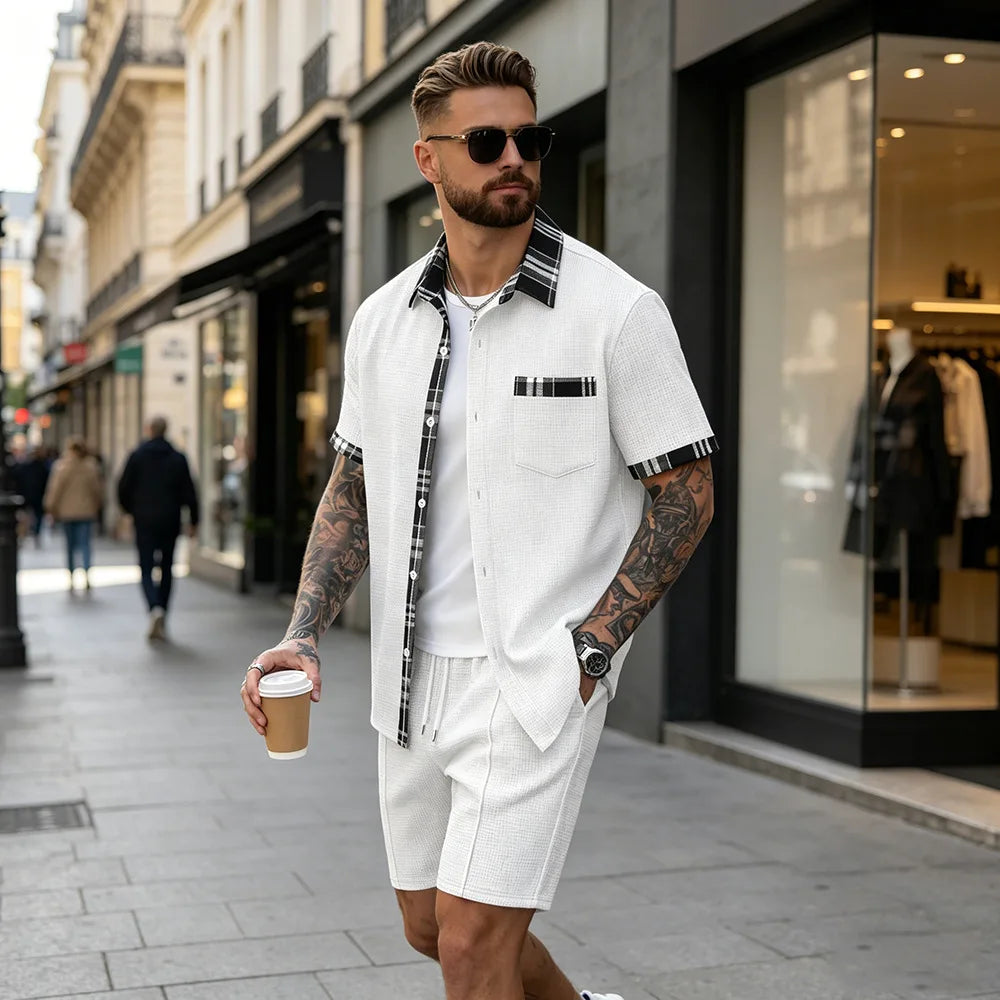 Summer New Waffle Set, Men's Plaid Spliced Short-Sleeve Shirt & Shorts, Casual Two-Piece Outfit F156D