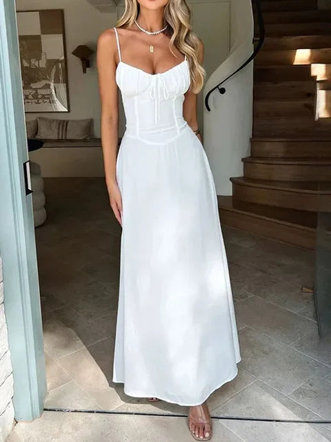 Elegant Strappy Backless Long Dress Women's Summer Fashion Round Neck Smocked Solid Color Slim Evening Dress Long Dress
