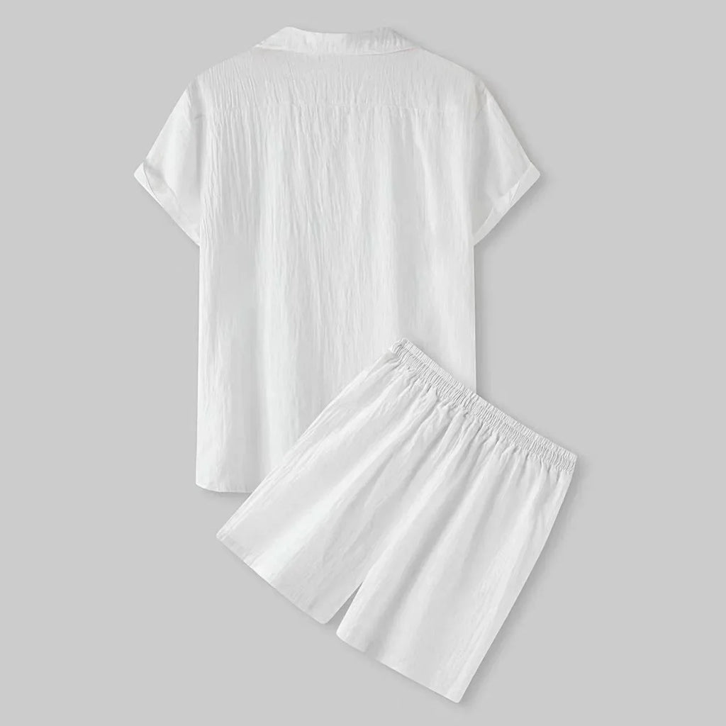 Summer Solid Cotton and Linen Suit Men'SSolid Color Fashion Lapel Short-sleeved Shirt Shorts Two-Piece Set S-3xl