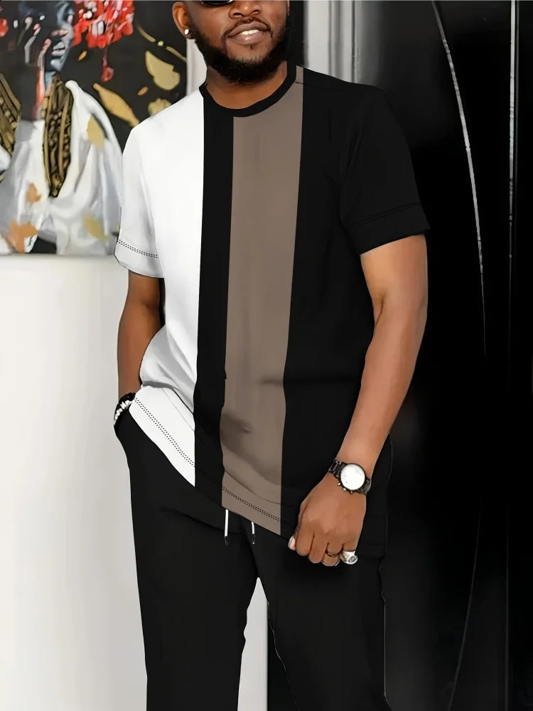 Summer Men's Short-Sleeve Suit Striped Print Short-Sleeve Top Paired With Tailored Trousers Outdoor & Streetwear Two-Piece Set