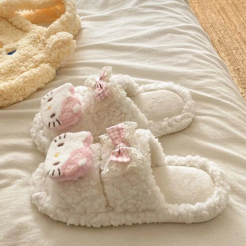 Sanrio Hello Kitty Adult Cotton Slippers Y2K Kawaii Cartoon Winter Indoor Open Toe Anti-Slip Slipper Comfortable Warm Shoes New