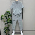 New Men 2 Piece Set Half Zip Stand Collar Loose Quick Dry Breathable Short Sleeve T Shirt Sports Pants Casual Tracksuit