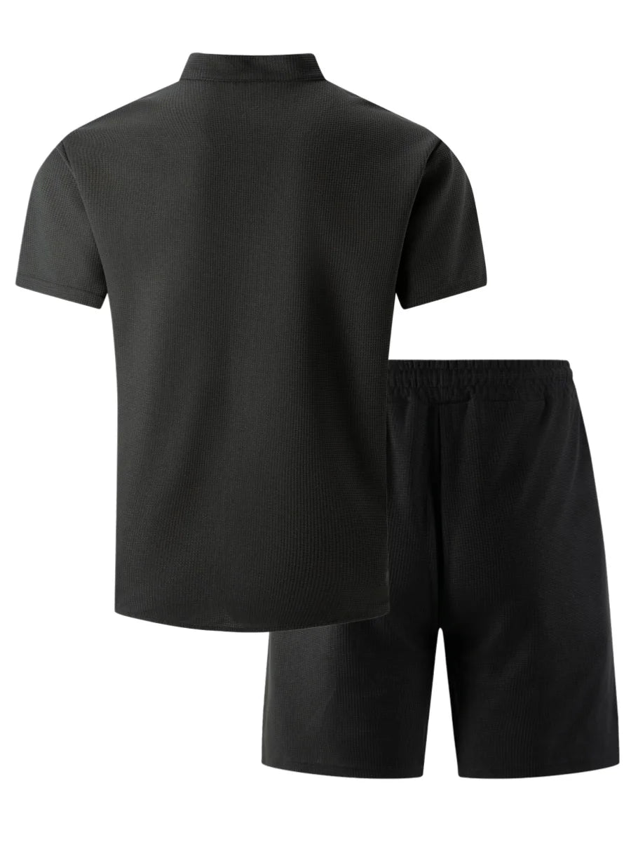 Men's 2 Piece Outfit, Stand Collar Short Sleeve Shirt with Chest Pocket and Drawstring Shorts, Casual Co Ord Set