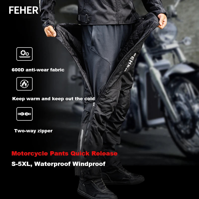 FEHER Motorcycle Pants Winter Waterproof Quick-release Thermal Motorbike Trousers Unisex Built-in Removable CE Protective Gear