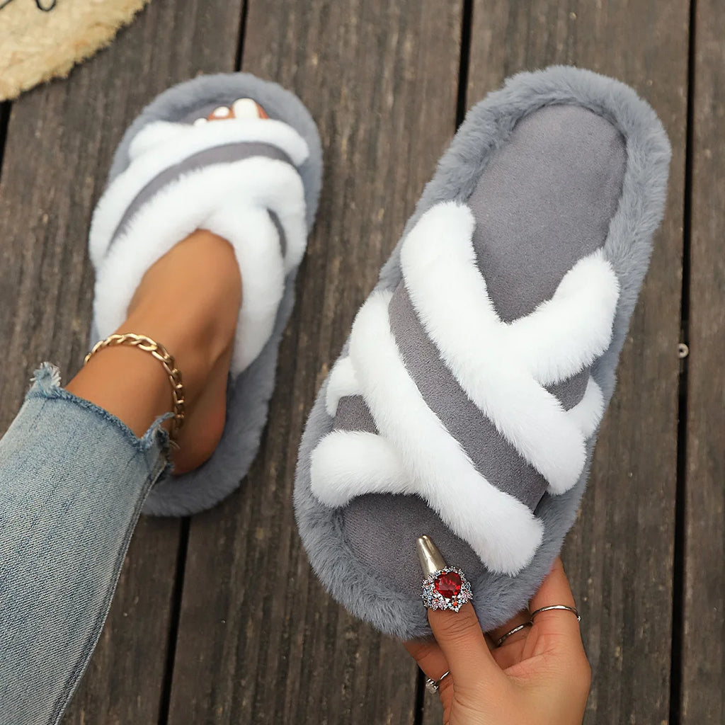 2025 New Furry Slippers Home Women's Fluffy Slides Autumn Winter Indoor Fashion EVA Light Cross Flip Flops Soft Flat Shoes Woman