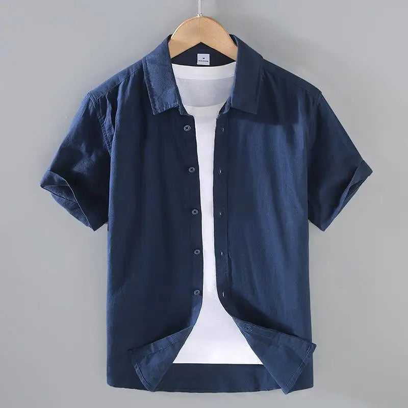 Men's Cotton Linen Short-Sleeved Shirt Summer Streetwear Plain Color Stand Collar Casual Beach Style plus Size M-3XL