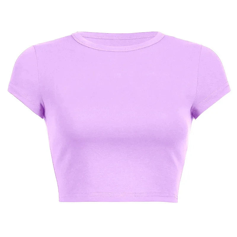 Summer Casual Short Sleeve Basic O Neck Solid Color Cropped Navel Women Crop Tops Soft Bodycon Fashion Tees Blouse