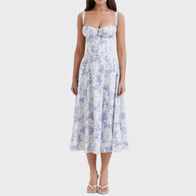 Women Summer Dress 2024 Fashion Floral Print Halter Sling V Neck Bra Sleeveless Gentle Woman mid-calf Dresses Vestidos GHH24128