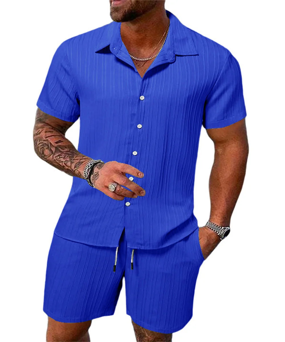 2024 New style Summer Men's Fashion Beach Suit Outdoor Sports Casual Shirt Solid color Loose Short Sleeve Shorts Beach two-piece