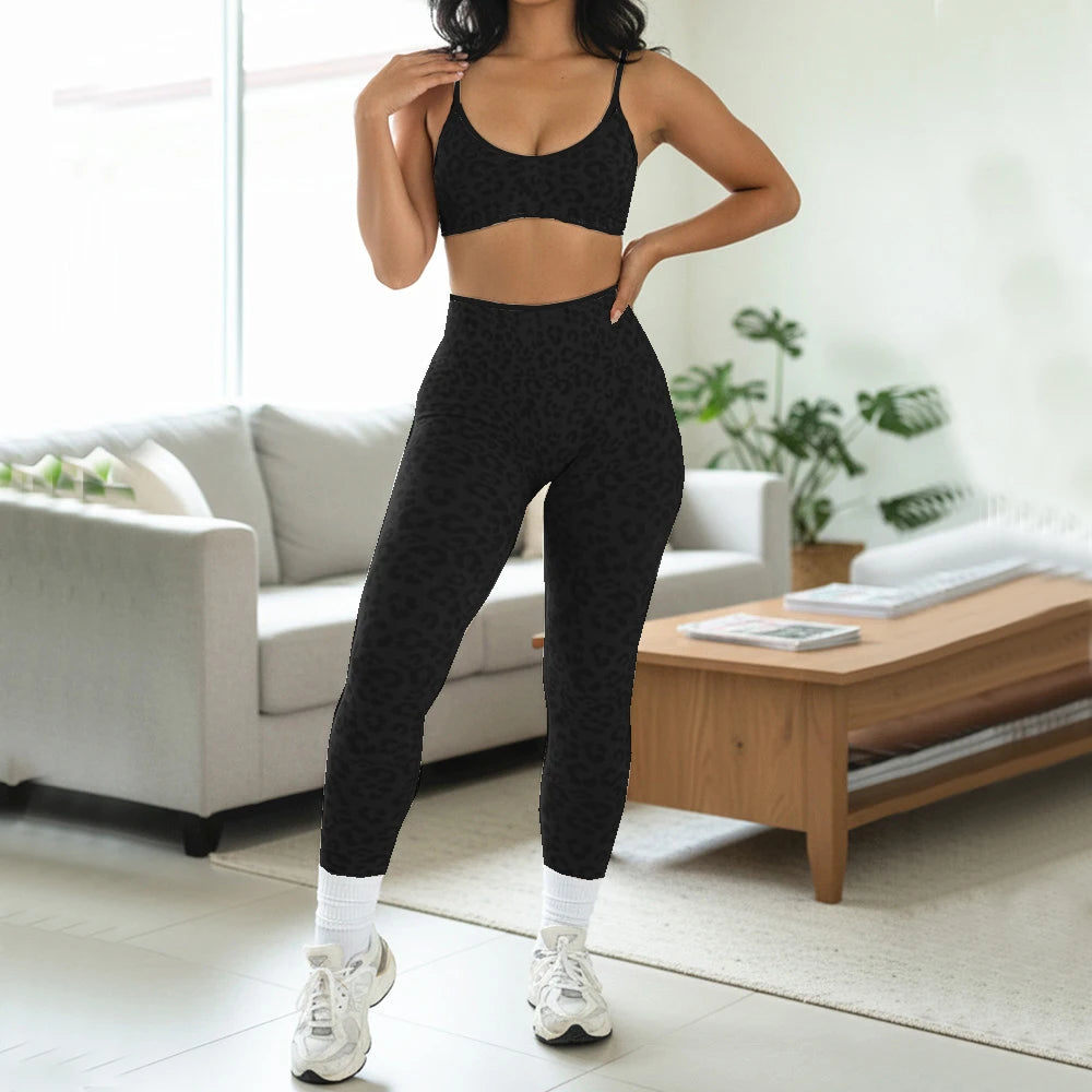 Seamless Leopard Yoga Set Women Sports Bra High Waist Shorts Scrunch Gym Fitness Workout Run Legging Activewear XP269