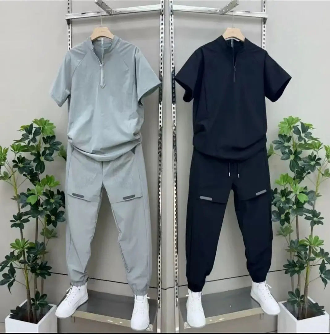 New Men 2 Piece Set Half Zip Stand Collar Loose Quick Dry Breathable Short Sleeve T Shirt Sports Pants Casual Tracksuit