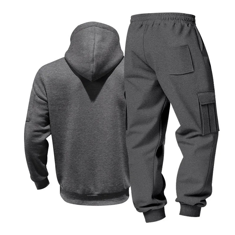 Men's Full Zip Hooded Tracksuit 2 Piece Set Casual Cargo Pocket Jogger Suit Outdoor Sports Hoodie And Pants Set