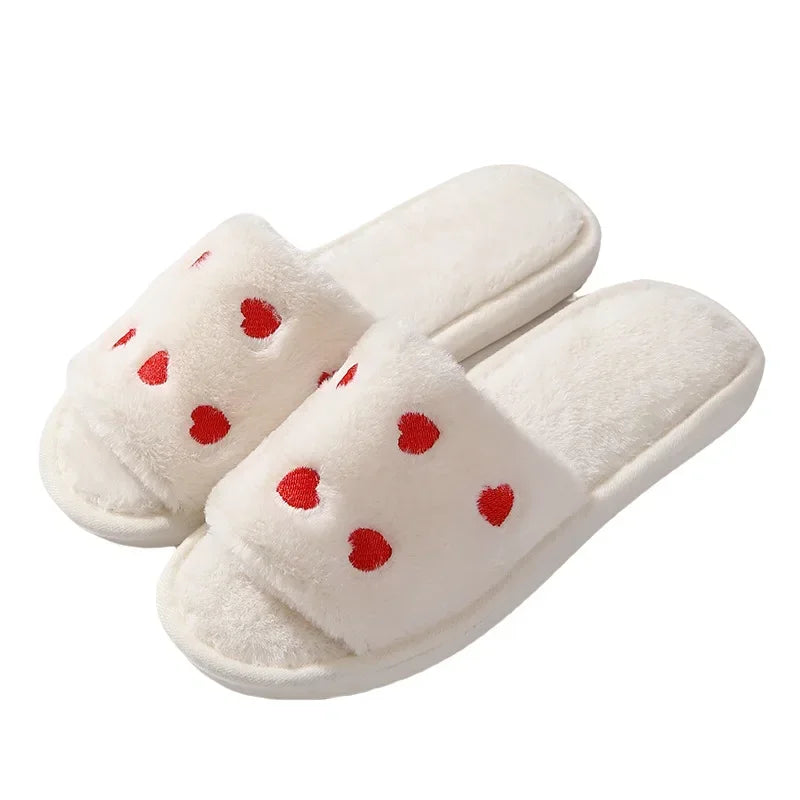 Winter Women Heart Slippers for Home Fur Furry House Slides Men Indoor Floor Soft Sandals Couples Comfortable Cute Flip Flops