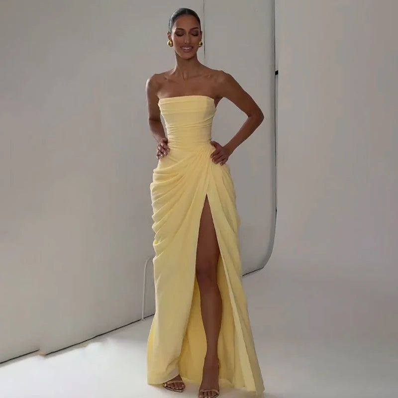 Women Sexy Solid Pleated Strapless Dress Lady Chic Off-shoulder Backless High Waist Split Dresses 2026 Summer Evening Party Gown